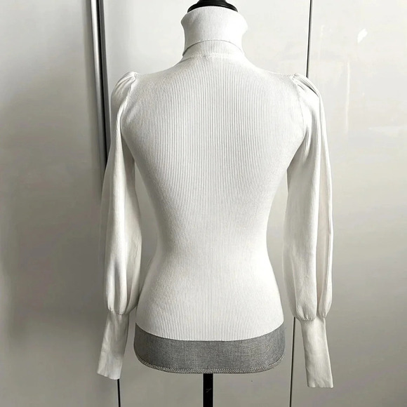 A.L.C.  White Ribbed Turtleneck Puff Sleeve, Size S - Picture 6 of 10